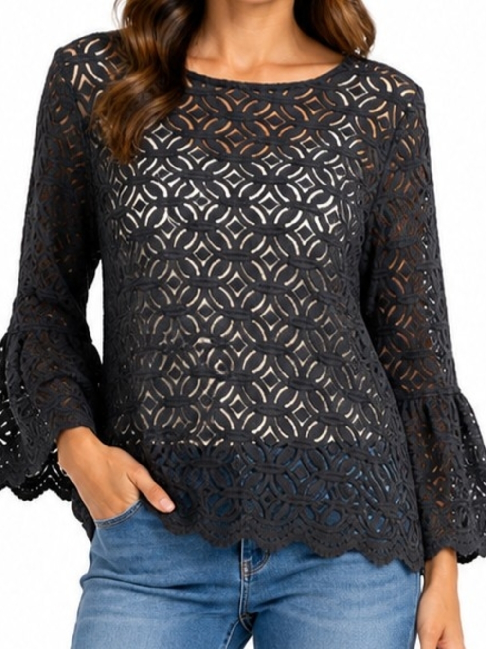 Black Lace Bell-Sleeve Top NWT